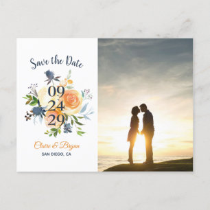 Navy Blue Coral Peach Floral Wedding Save the Date Announcement Postcard