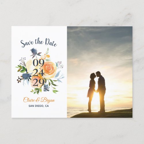 Navy Blue Coral Peach Floral Wedding Save the Date Announcement Postcard