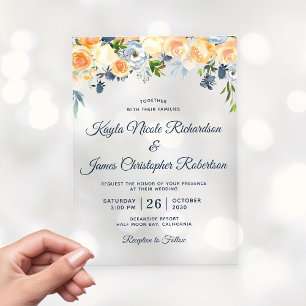 Navy Blue Coral Peach Watercolor Floral Wedding Acrylic Invitations