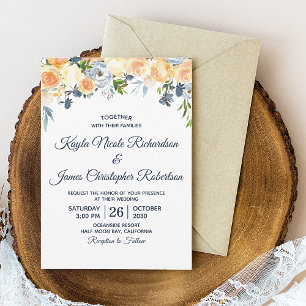 Navy Blue Coral Peach Watercolor Floral Wedding Invitation