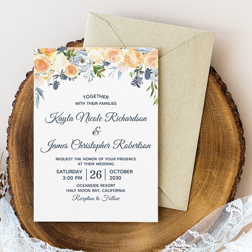 Navy Blue Coral Peach Watercolor Floral Wedding Invitation