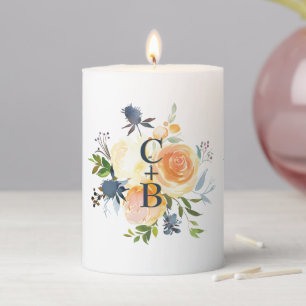 Navy Blue Coral Peach Watercolor Floral Wedding Pillar Candle