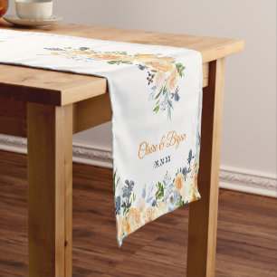 Navy Blue Coral Peach Watercolor Floral Wedding Short Table Runner