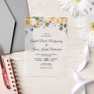 Navy Blue Coral Peach Watercolor Floral Wedding Vellum Invitations