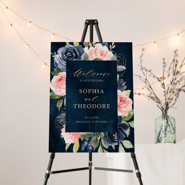 Navy Blue Coral Pink Floral Gold Wedding Welcome Foam Board (In Situ (Stand))