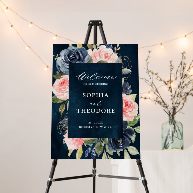 Navy Blue Coral Pink Floral Wedding Welcome Foam Board (In Situ (Stand))