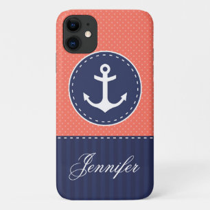 Navy Blue Coral Pink Pattern Anchor Customizable iPhone 11 Case