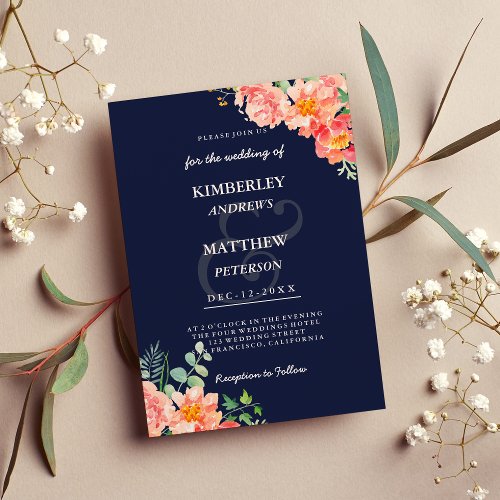 Navy blue coral pink watercolor elegant Wedding Invitation