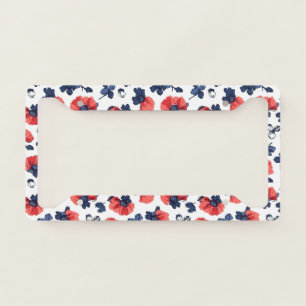 Navy Blue & Coral Poppy Floral Vintage License Plate Frame