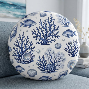 Navy Blue Coral Reef marine Life Ivory Vintage Sea Round Pillow