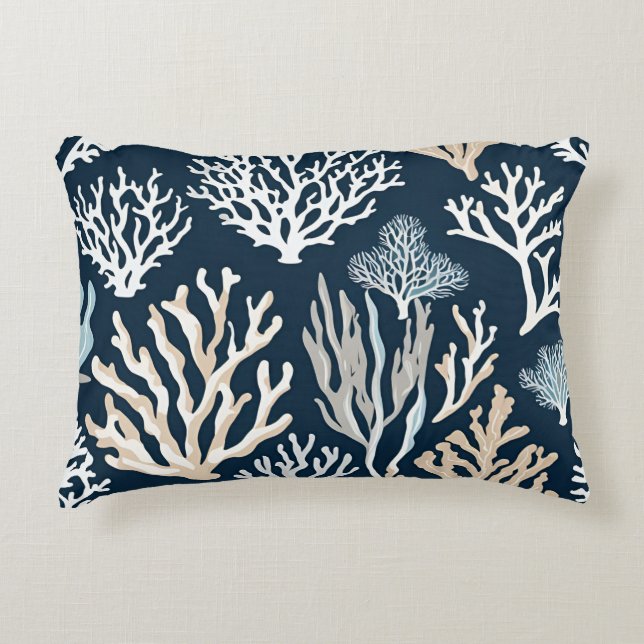 Navy Blue Coral Reef Sealife Ocean Coastal  Accent Pillow (Front)