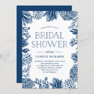 Navy Blue Coral Reefs Frame Nautical Bridal Shower Invitation