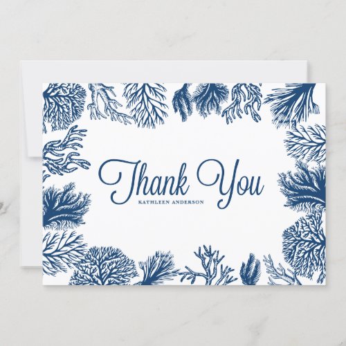 Navy Blue Coral Reefs Frame Summer Wedding  Thank You Card