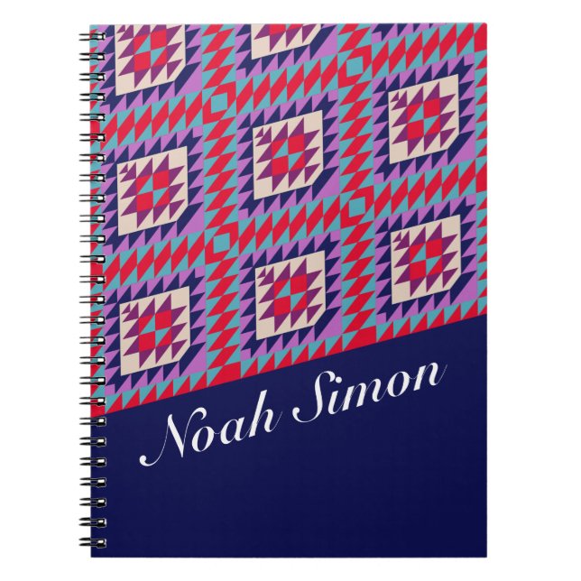 Navy Blue & Coral Southwest Geometric Custom Name Notebook (Front)