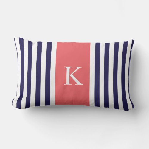 Navy Blue Coral Stripes Monogram Lumbar Pillow