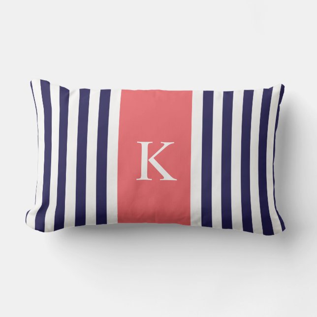 Navy Blue Coral Stripes Monogram Lumbar Pillow (Front)