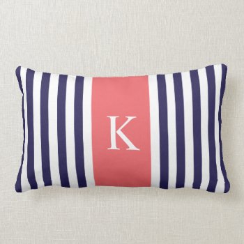 Navy Blue Coral Stripes Monogram Lumbar Pillow by D_Zone_Designs at Zazzle