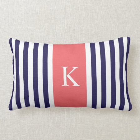 Navy Blue Coral Stripes Monogram Lumbar Pillow