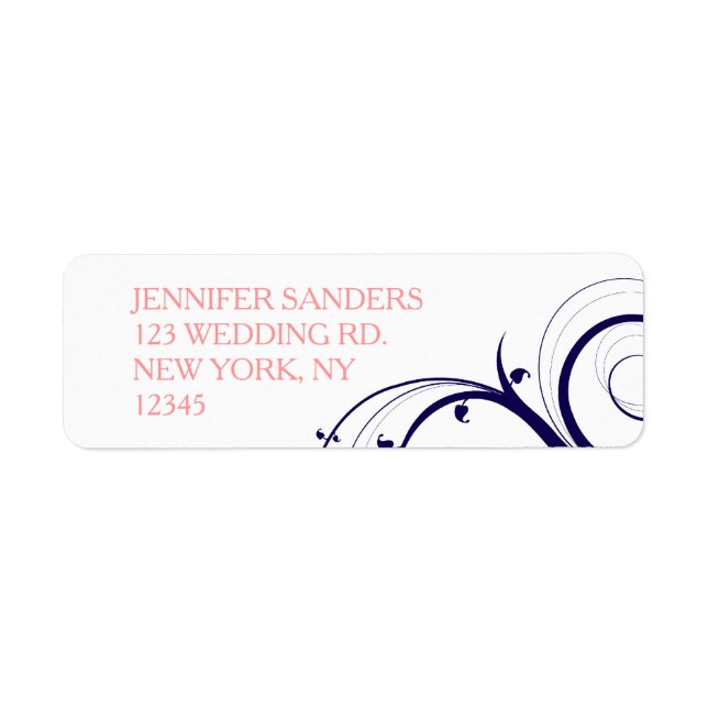 Navy Blue Coral Swirls Wedding Label (Front)