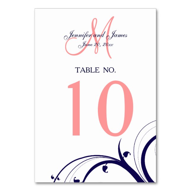 Navy Blue Coral Swirls Wedding Table Number Card (Front)