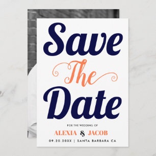 Navy blue, coral typography and photo on the back save the date