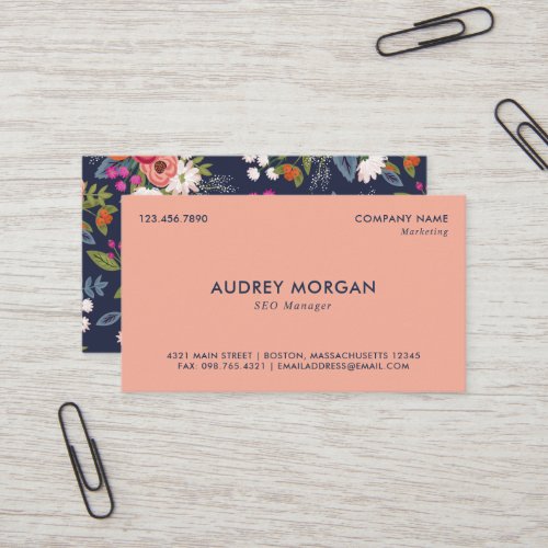 Navy Blue  Coral _ Vibrant Boho Floral Pattern Business Card