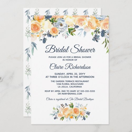 Navy Blue Coral Watercolor Floral Bridal Shower Invitation