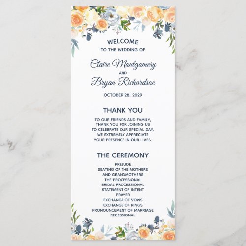 Navy Blue Coral Watercolor Floral Wedding Ceremony Program