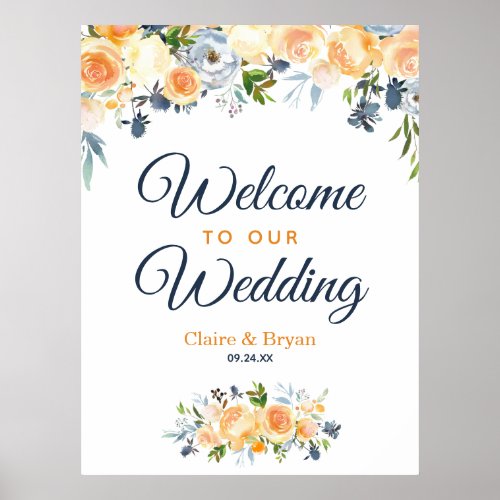 Navy Blue Coral Watercolor Floral Wedding Welcome Poster