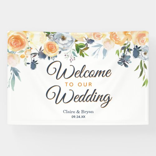 Navy Blue Coral Watercolor Floral Welcome Wedding Banner