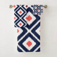 Navy Blue, Coral, White Ikat Diamond Pattern