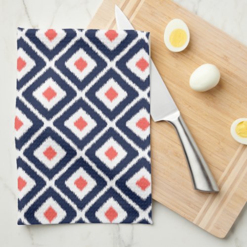 Navy Blue Coral White Ikat Diamond Pattern Kitchen Towel