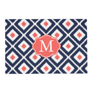 Navy Blue, Coral, White Ikat Diamond Pattern Placemat