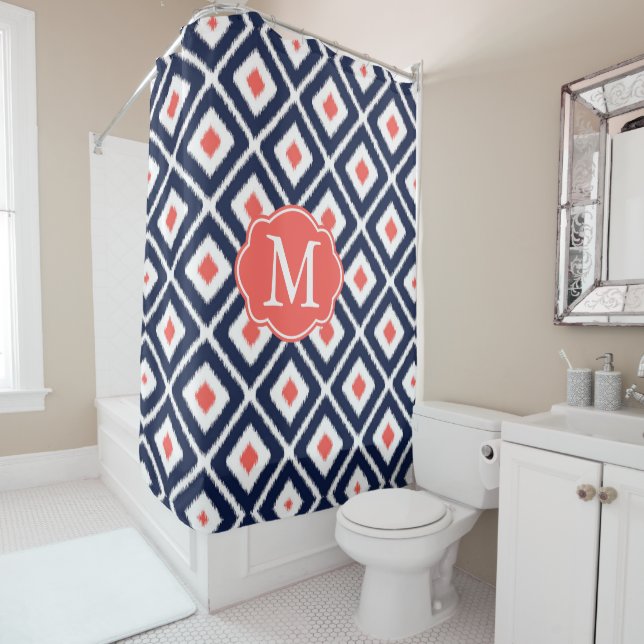 Navy Blue, Coral, White Ikat Diamond Pattern Shower Curtain (In Situ)