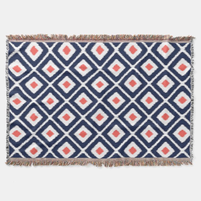 Navy Blue Coral White Ikat Diamond Pattern Throw Blanket Zazzle Com
