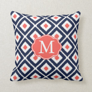 Navy Blue, Coral, White Ikat Diamond Pattern Throw Pillow