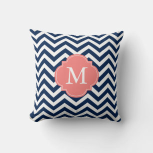 Navy Blue Coral Zigzag Pattern Monogram Throw Pillow