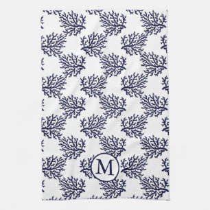 Navy blue corals on a white background wrapping pa kitchen towel