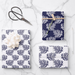 Navy blue corals on a white background wrapping pa paper sheets