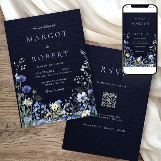 Navy Blue Cornflower Wildflower Wedding QR Code In Invitation (Creator Uploaded)