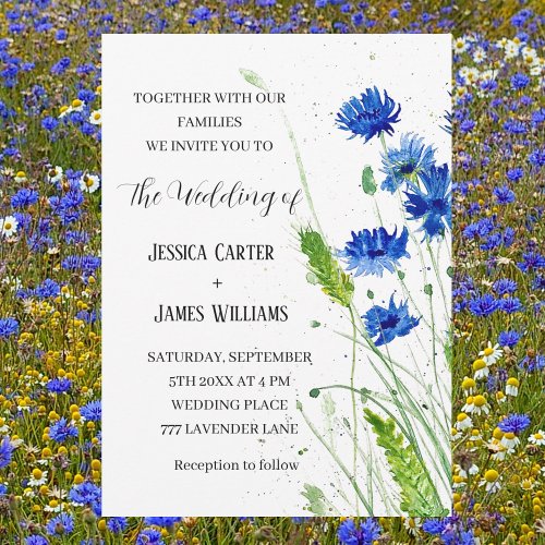 Navy Blue Cornflowers Watercolor Floral Wedding Invitation