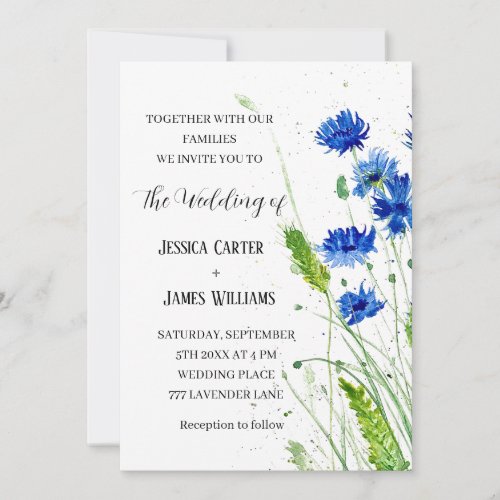 Navy Blue Cornflowers Watercolor Floral Wedding Invitation