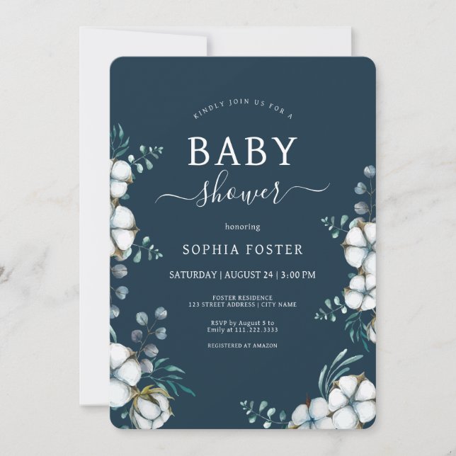 Navy Blue cotton flowers elegant Baby Shower Invitation (Front)