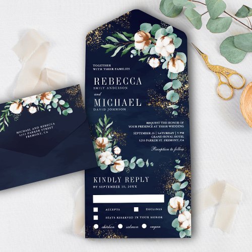 Navy Blue Cotton Gold Eucalyptus Branch Wedding All In One Invitation