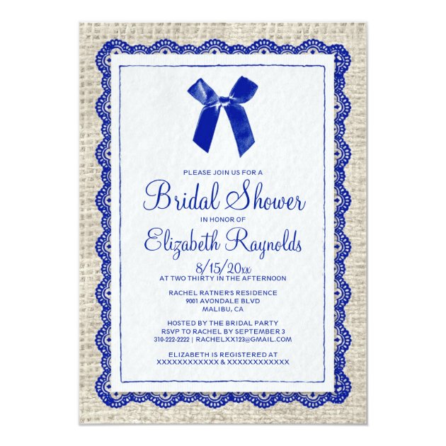 Navy Blue Country Burlap Bridal Shower Invitations