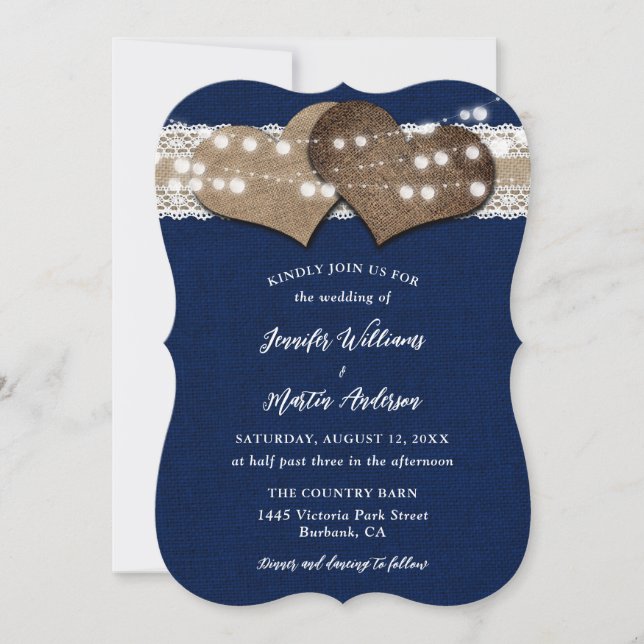 Navy Blue Country Burlap Lace Lights Wedding Invitation (Front)