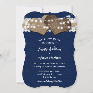 Navy Blue Country Burlap Lace Lights Wedding Invitation