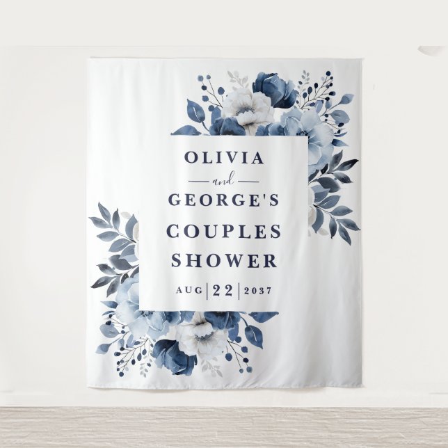 Navy Blue Country Floral Couples Shower Backdrop (Front)
