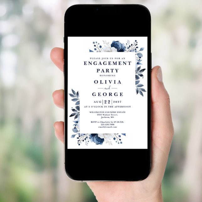 Navy Blue Country Floral Engagement Party Photo Invitation (Front Digital)