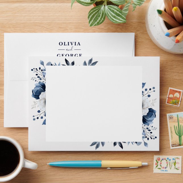 Navy Blue Country Floral Return Address Envelope (Desk)